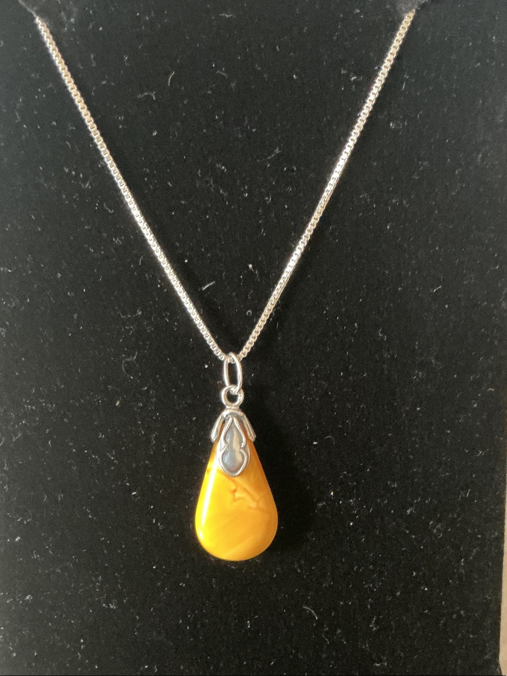 Sterling Silver Yellow Amber Teardrop Pendant Necklace